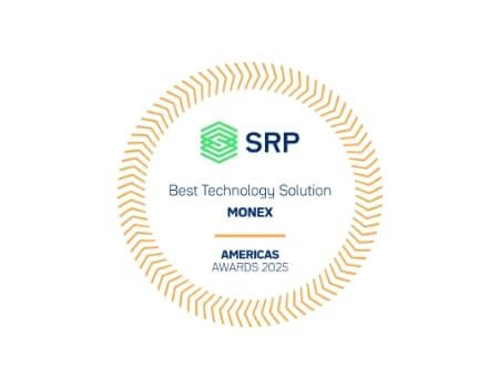 SRP award seal presented to Monex, ringed by a laurel of orange rays