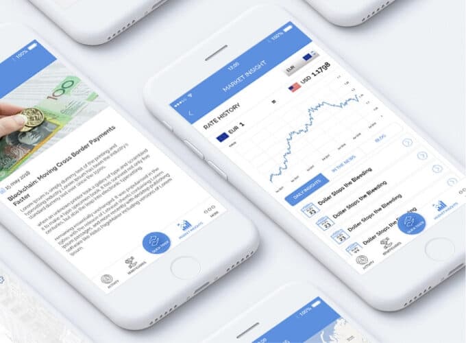 Monex mobile payment platform showing real-time exchange rates