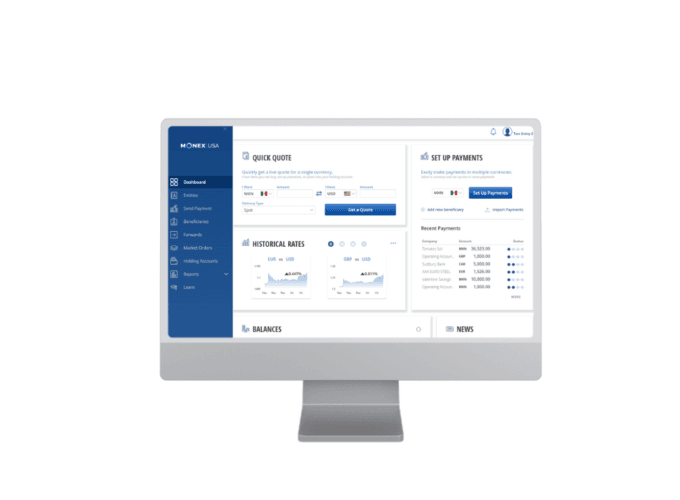 Monex Global Online dashboard showing live exchange rates and payment status