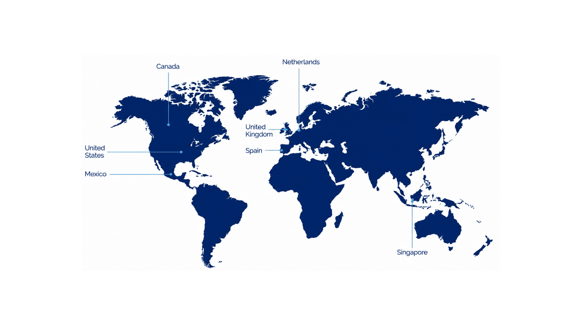 World map marking Monex locations in Canada, the United States, Mexico, the United Kingdom, the Netherlands, Spain and Singapore