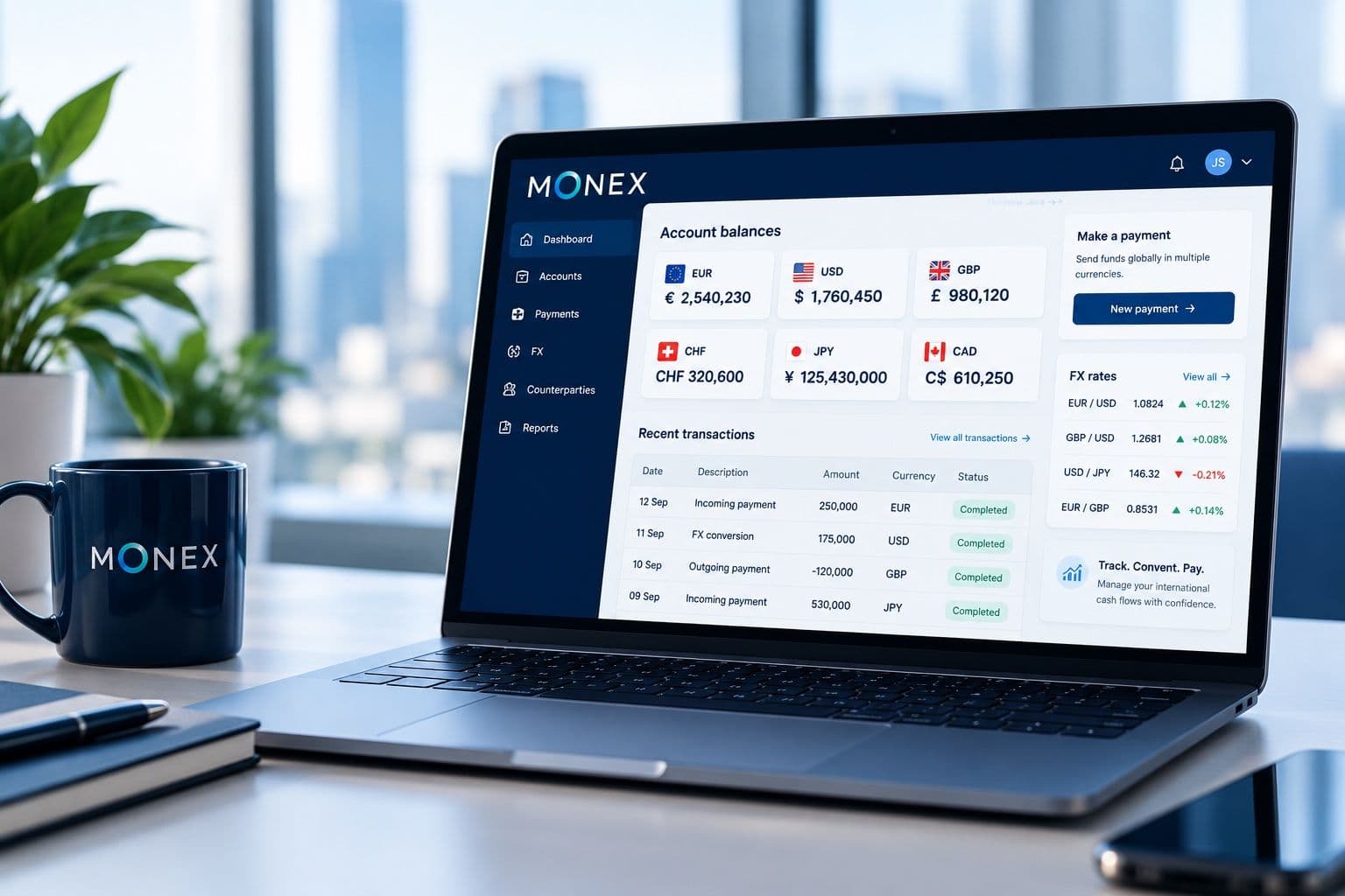 Monex dashboard on a laptop, showing account balances in six currencies, recent transactions and live FX rates